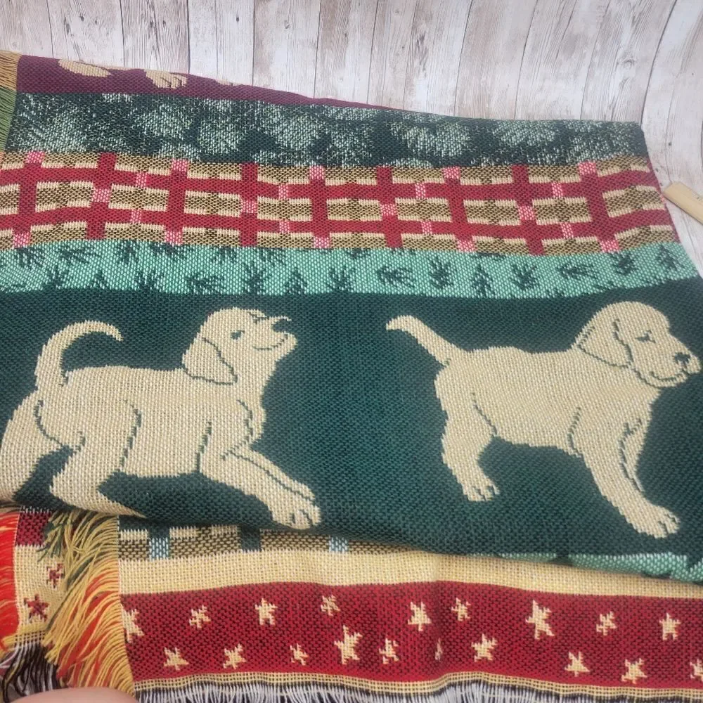 Dog Puppy Pattern Blanket Afgan Red Green Fringe Sides - Picture 5 of 6